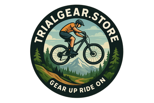 can you make a round image of a logo named trialgear.store with the slogan gear up ride on and a guy mtb on top with nice nature in the back